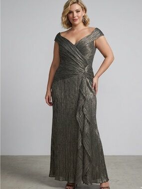 Xscape One-Shoulder Metallic Charcoal Evening Gown